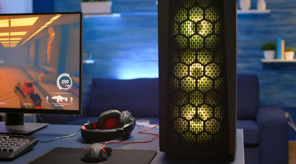 Picture of a Gaming PC and a Monitor. Concept Image for using regular PC for gaming.