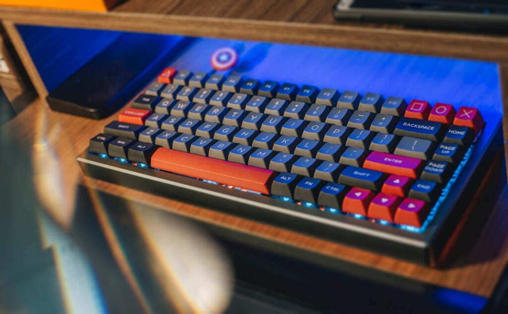 Picture of an ergonomic keyboard on a gaming table. Concept image for positioning of keyboard and mouse.