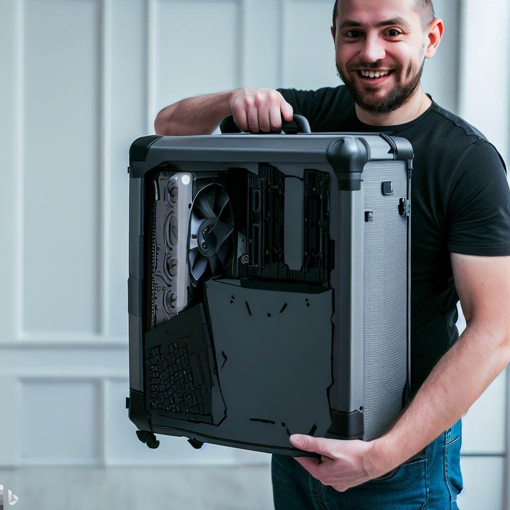 A man carrying a gaming machine to check its weight.