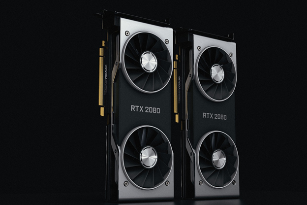 Two NVIDIA RTX 1080Ti GPUs against a black background. Concept image of selling old graphics card.